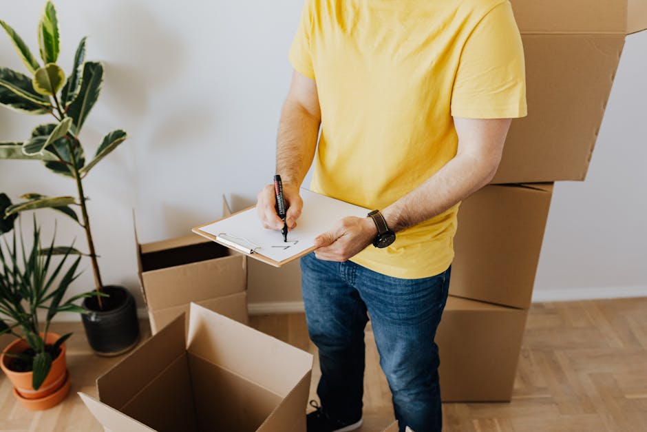 A person wearing a yellow T-shirt and blue jeans is shown standing inside a room, holding a clipboard and a marker, preparing a moving checklist for house relocation. The individual is next to three open brown cardboard boxes, which are positioned on a light wooden floor; some are partially filled with packing materials. Behind them, there are two larger closed cardboard boxes stacked against a white wall. To the left, a potted plant with broad green leaves adds to the scene. The setting suggests a typical indoor environment during the packing and loading process for home relocation, with objects and materials associated with furniture transport and boxing up belongings as part of a professional removals service like Man with Van Grahame Park. The lighting in the room appears natural and bright, emphasizing the preparation stage of a house move.